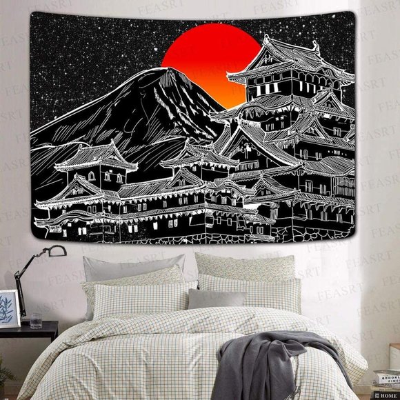 Japanese Fuji Mountain Art Chinese Dojo BlackWhite Sunset Graphic Print Tapestry - Picture 2 of 6